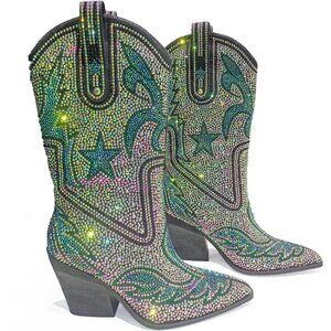 Women's Blue-green Multi-color Patterned Rhinestone Western Cowboy Mid-calf Boot